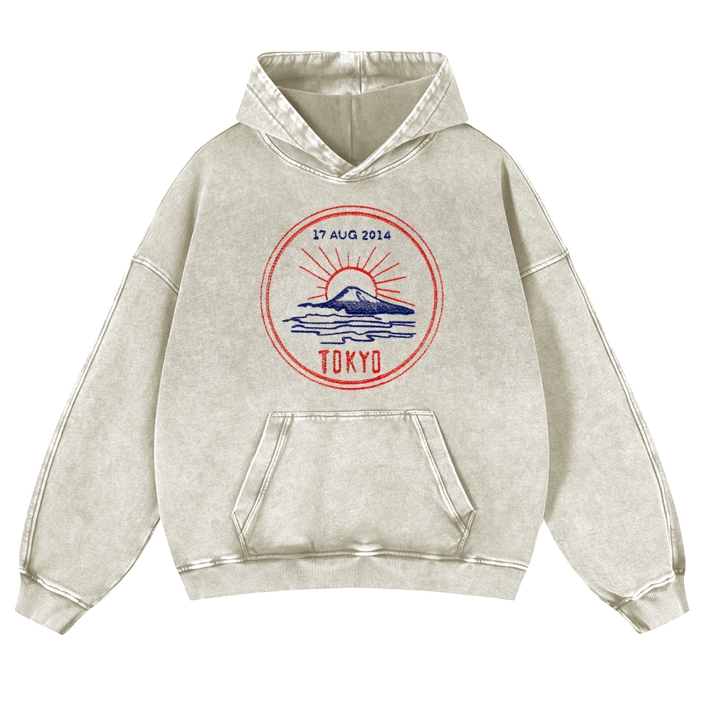 Tokyo Sunrise Sea Pattern Vintage Washed Hoodie-moweekender