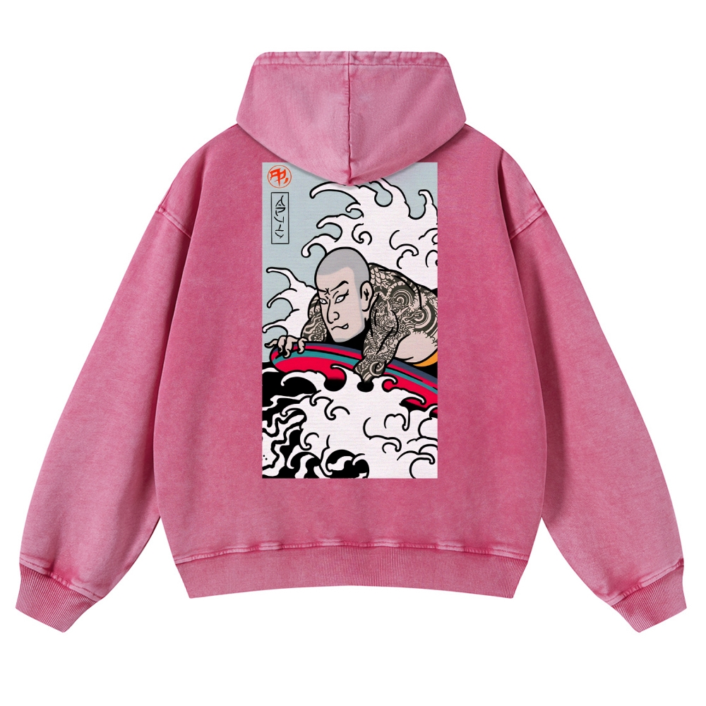 Japanese Surfing Ukiyoe Vintage Washed Hoodie-moweekender