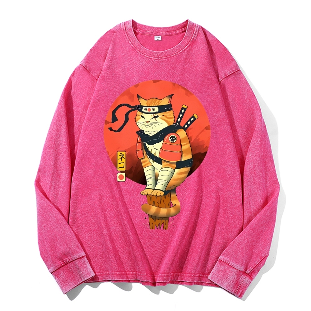 Ninja Sushi Cat Casual Deep Washed Vintage Long Sleeves T-Shirt-moweekender
