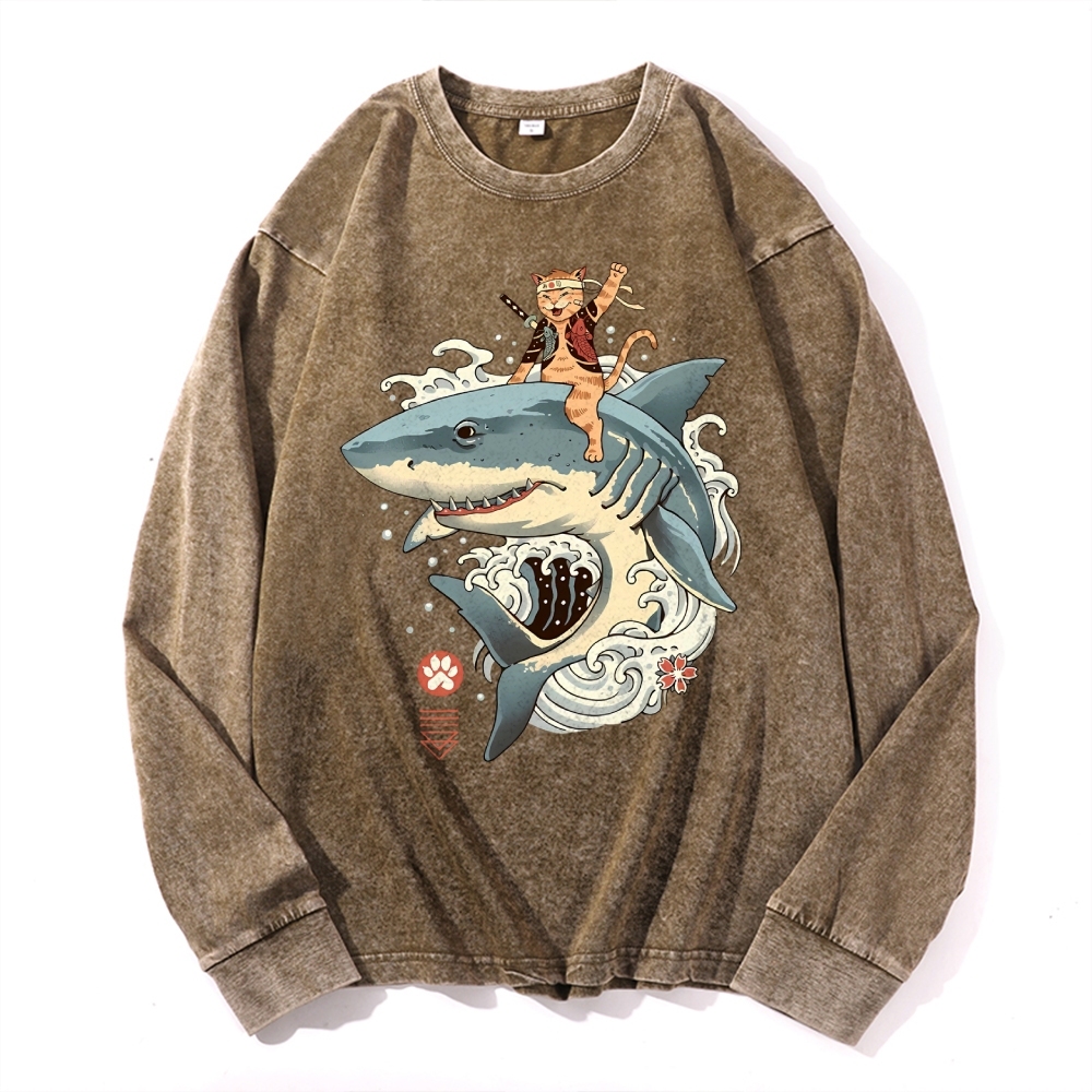 Shark Sushi Cat Ukiyoe Pattern Deep Washed Vintage Long Sleeves T-Shirt-moweekender
