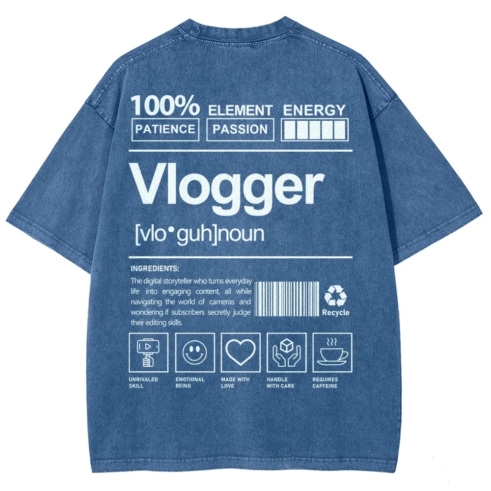 Vlogger Pattern Washed Vintage Short Sleeves T-Shirt-moweekender