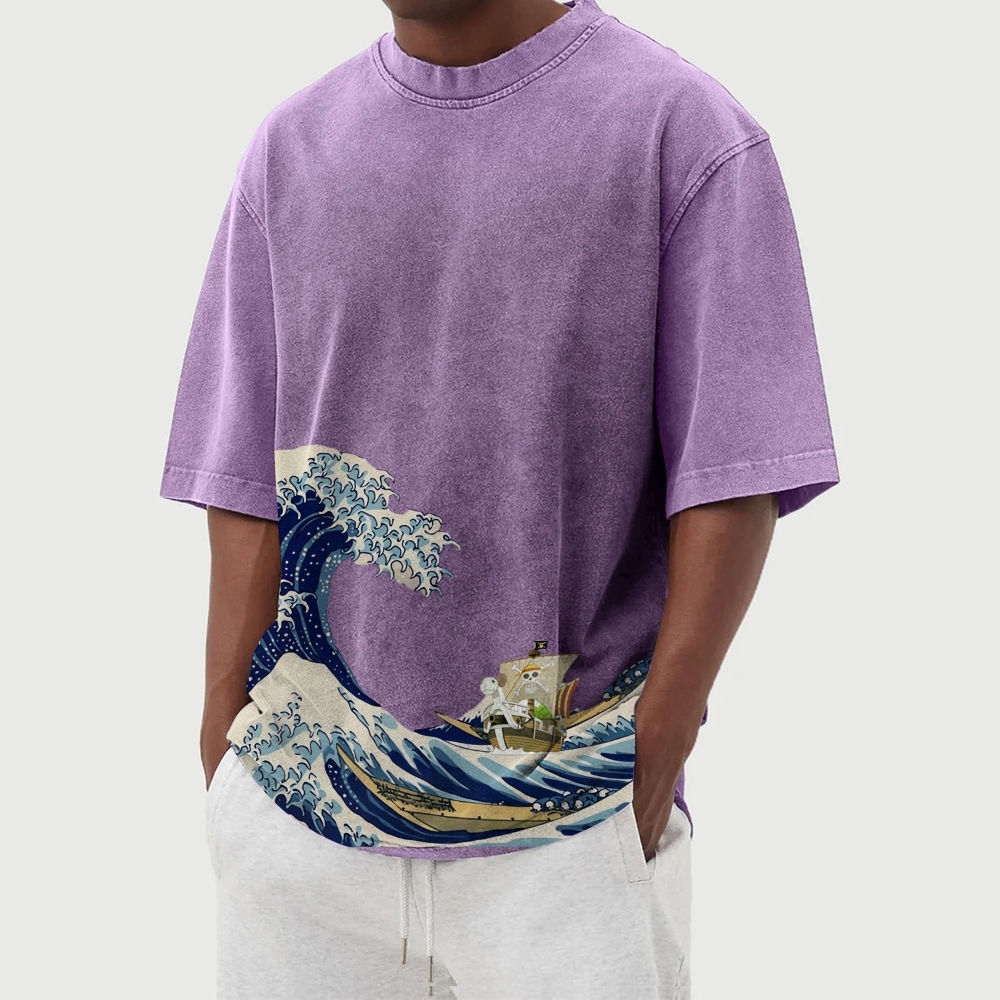 Straw Hat Pirate Ship Washed Vintage Short Sleeves T-Shirt-moweekender