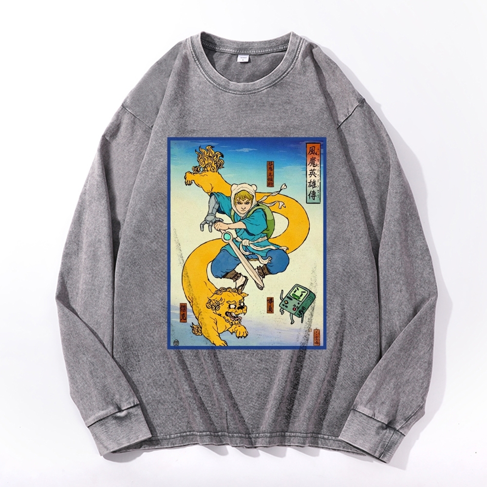 Hero Story Pattern Deep Washed Vintage Long Sleeves T-Shirt-moweekender