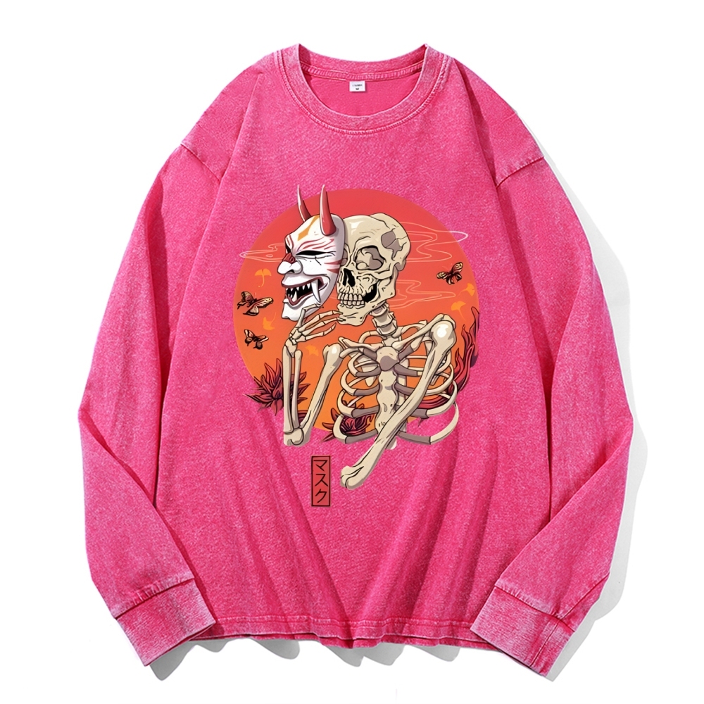 Japanese Skeleton Mask Deep Washed Vintage Long Sleeves T-Shirt-moweekender