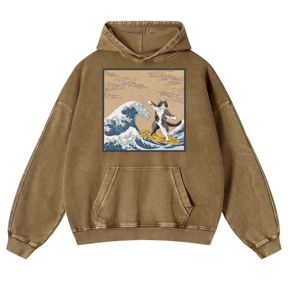 Surf-Bored Cat Ukiyoe Pattern Vintage Washed Hoodie-moweekender