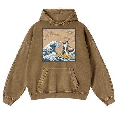 Surf-Bored Cat Ukiyoe Pattern Vintage Washed Hoodie-moweekender