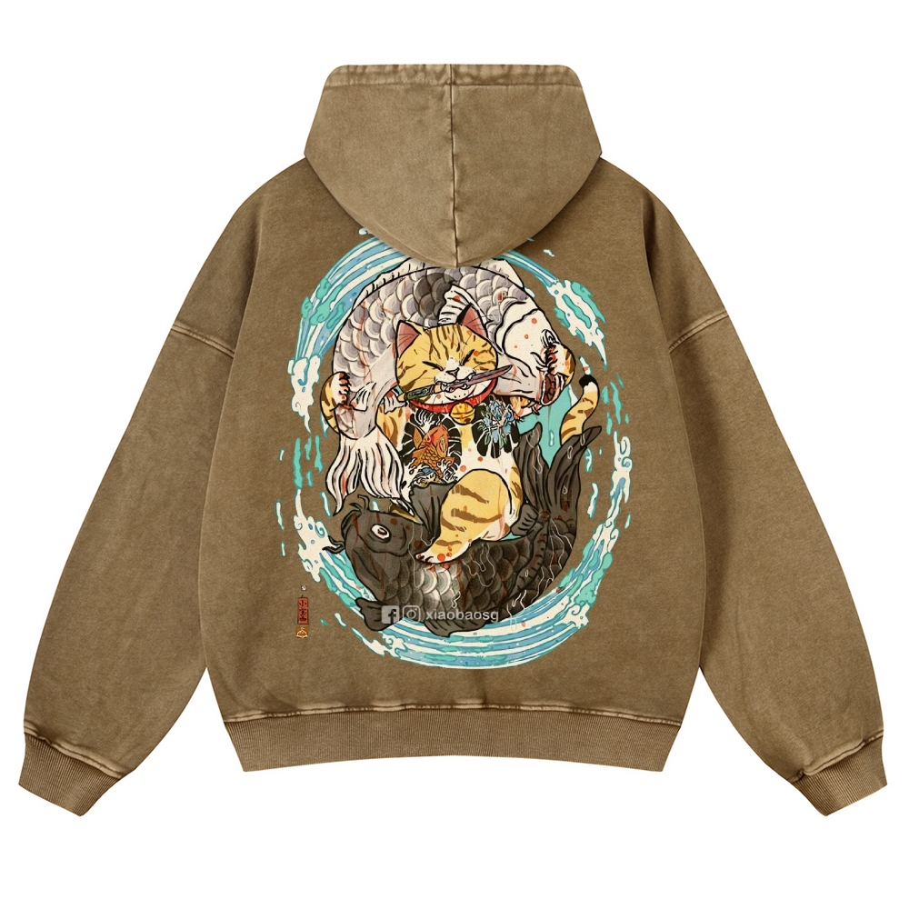 Japan Samurai Cat Vintage Washed Hoodie-moweekender