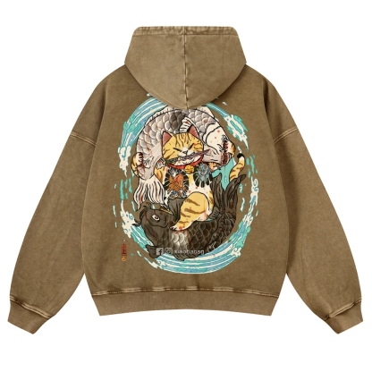 Japan Samurai Cat Vintage Washed Hoodie-moweekender