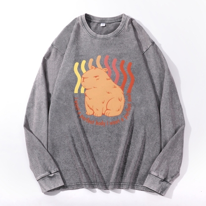 Capybara Casual Deep Washed Vintage Long Sleeves T-Shirt-moweekender