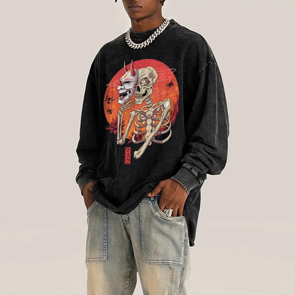 Japanese Skeleton Mask Deep Washed Vintage Long Sleeves T-Shirt-moweekender