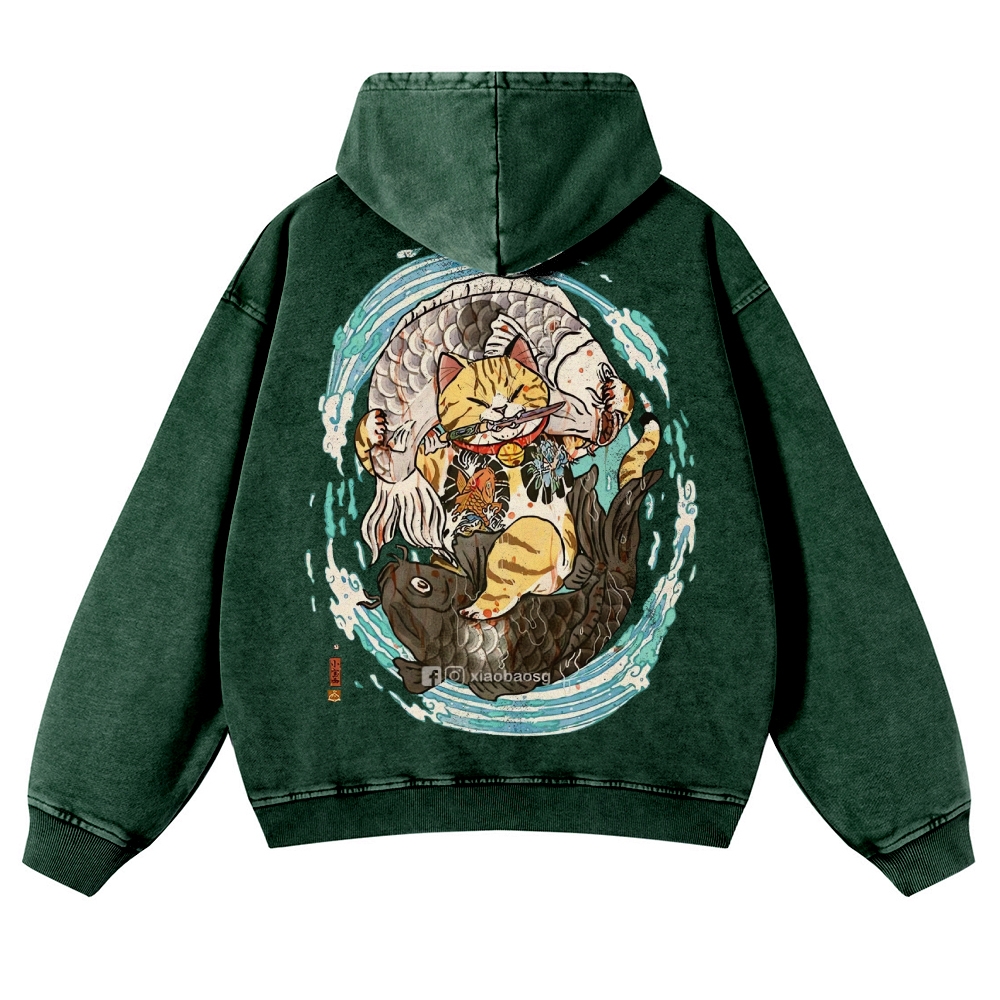 Japan Samurai Cat Vintage Washed Hoodie-moweekender