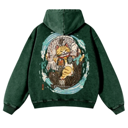 Japan Samurai Cat Vintage Washed Hoodie-moweekender