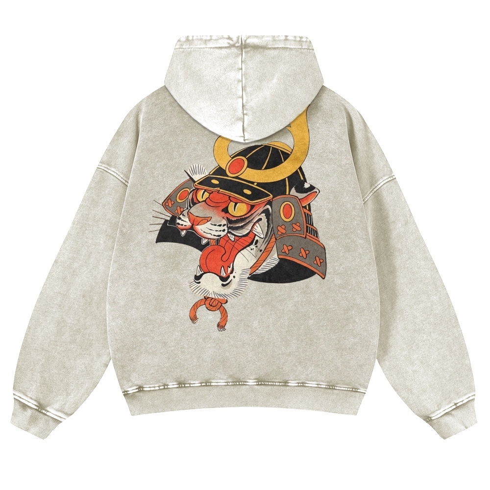 Tiger Warrior Pattern Printed Vintage Washed Hoodie-moweekender