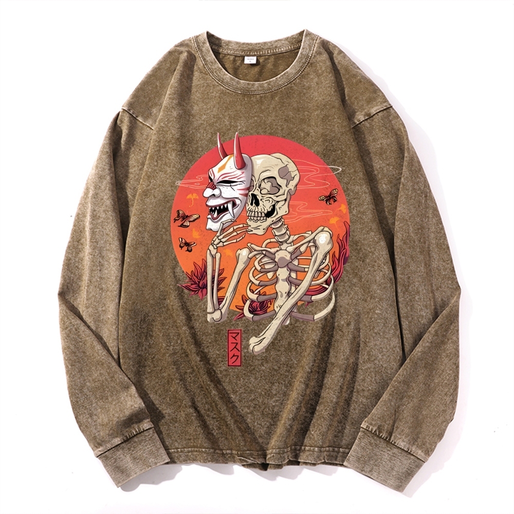 Japanese Skeleton Mask Deep Washed Vintage Long Sleeves T-Shirt-moweekender