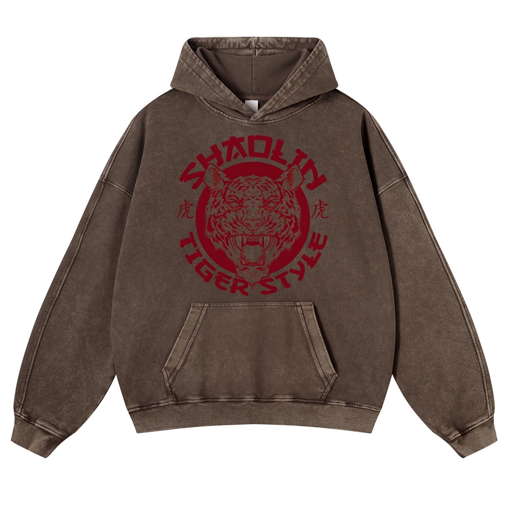Tiger Head Sign Printed Vintage Washed Hoodie-moweekender