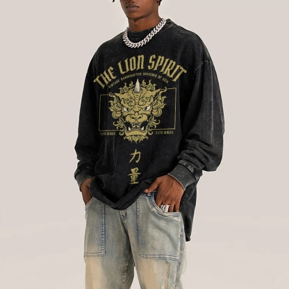 Lion Power Pattern Deep Washed Vintage Long Sleeves T-Shirt-moweekender