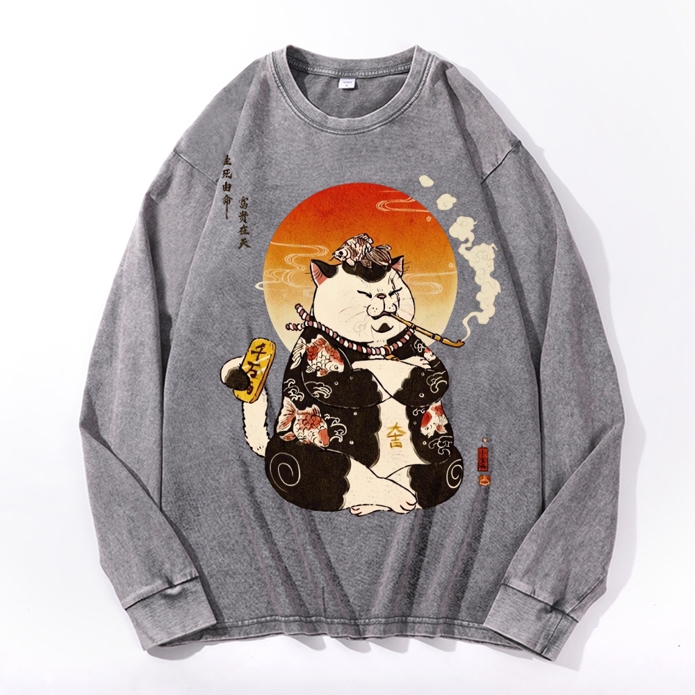 Smoking Rich Cat Deep Washed Vintage Long Sleeves T-Shirt-moweekender
