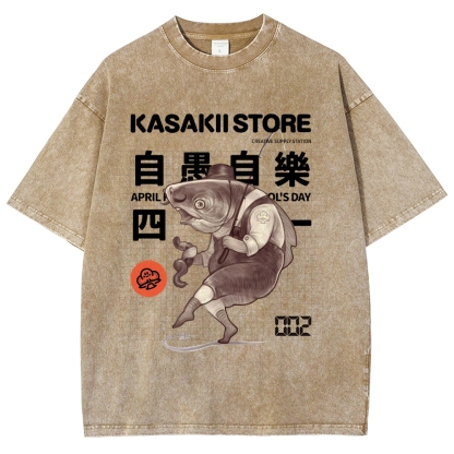 Fishing Shark Man Washed Vintage Short Sleeves T-Shirt-moweekender