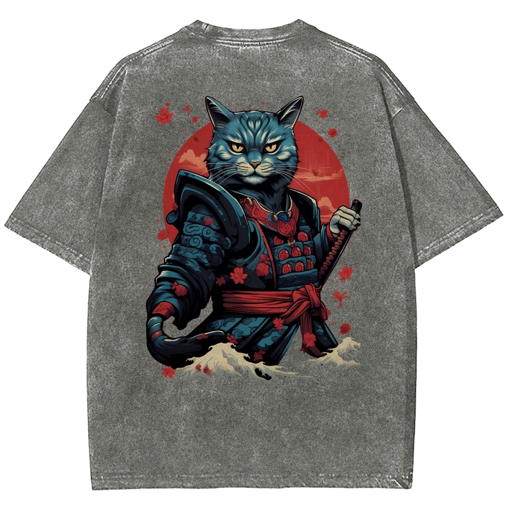 Japan Cat Warrior Washed Vintage Short Sleeves T-Shirt-moweekender