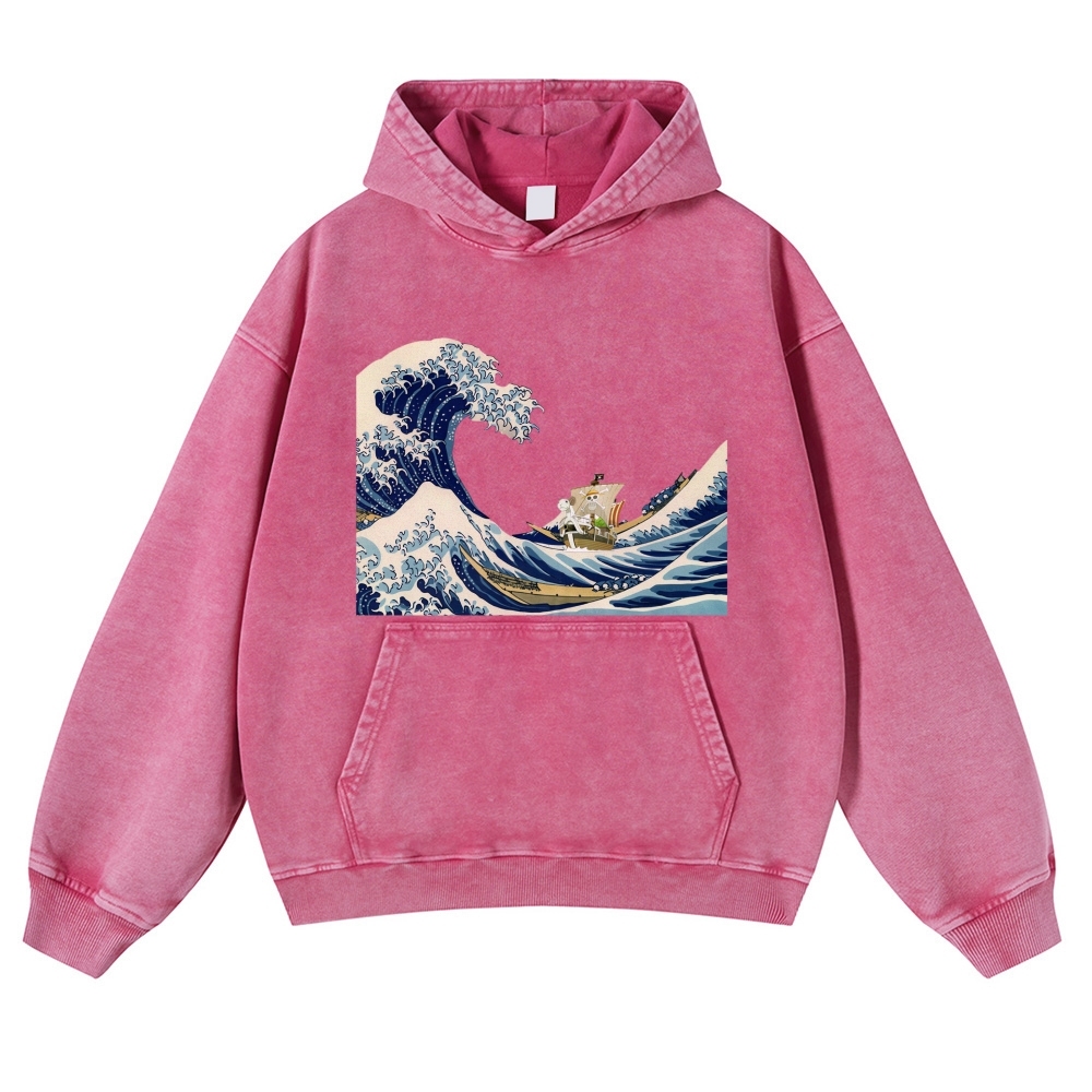 Wave Ukiyoe Pattern Vintage Washed Hoodie-moweekender