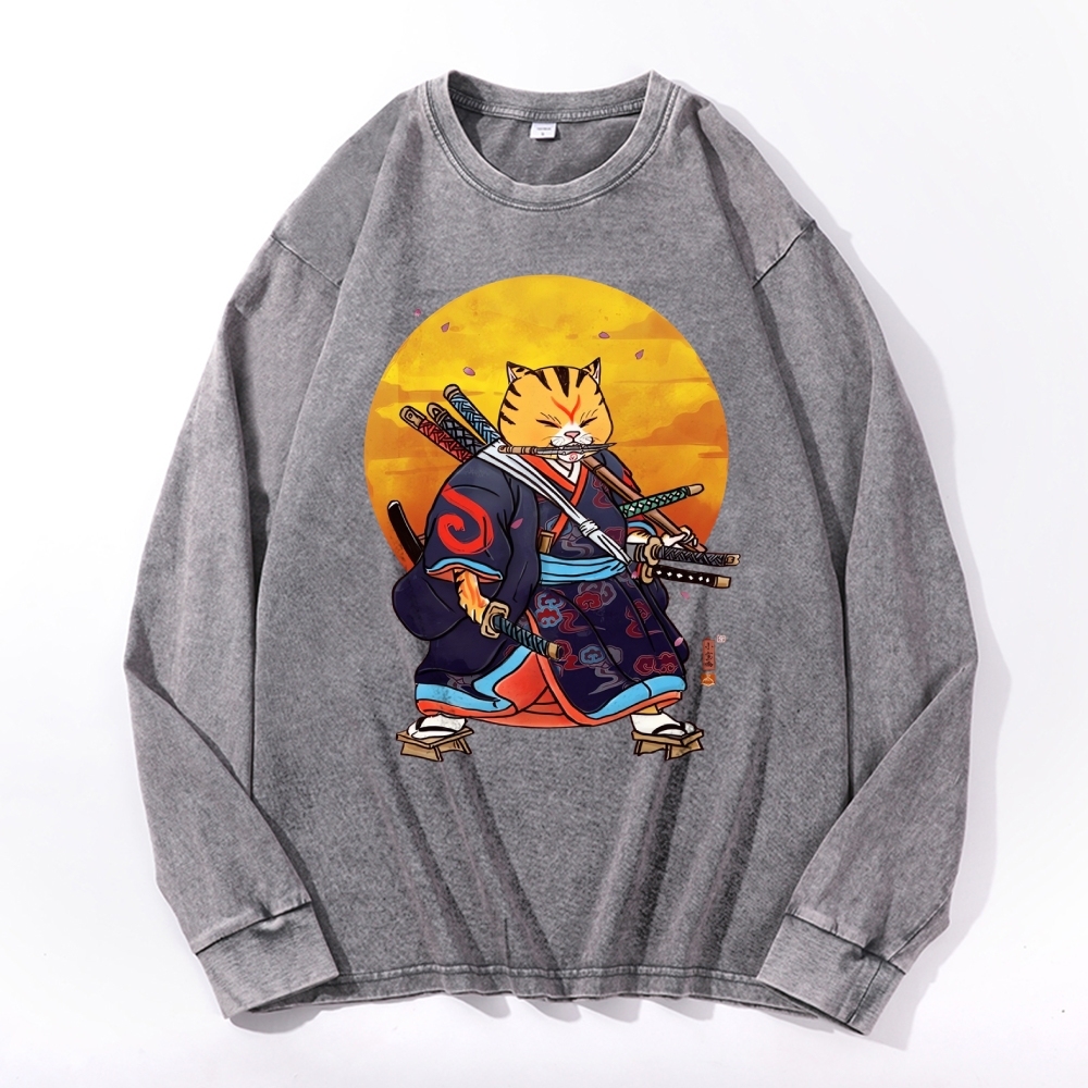 Japanese Warrior Cat Pattern Deep Washed Vintage Long Sleeves T-Shirt-moweekender