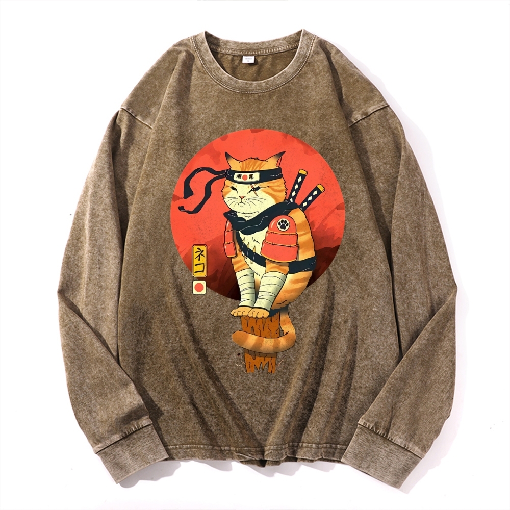 Ninja Sushi Cat Casual Deep Washed Vintage Long Sleeves T-Shirt-moweekender