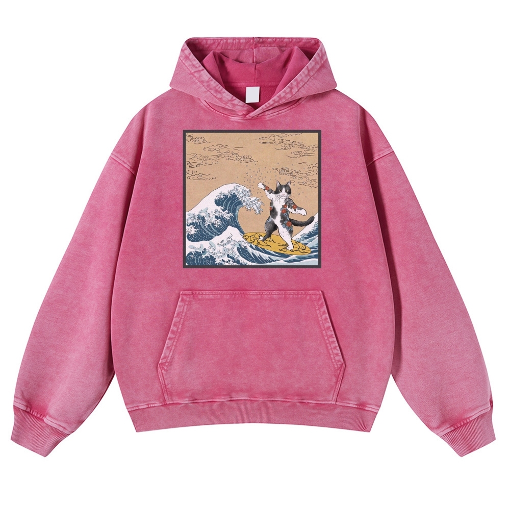 Surf-Bored Cat Ukiyoe Pattern Vintage Washed Hoodie-moweekender