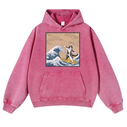 Surf-Bored Cat Ukiyoe Pattern Vintage Washed Hoodie-moweekender