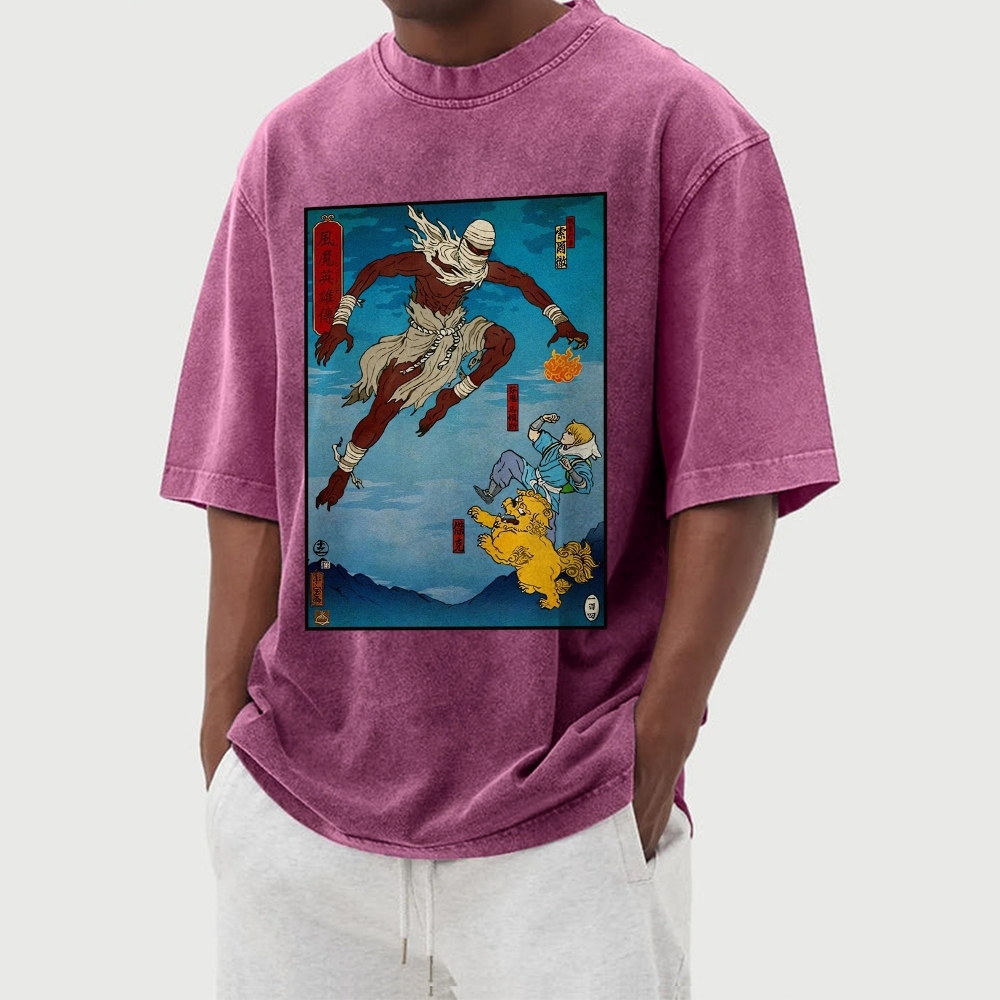 Hero Story Pattern Washed Vintage Short Sleeves T-Shirt-moweekender