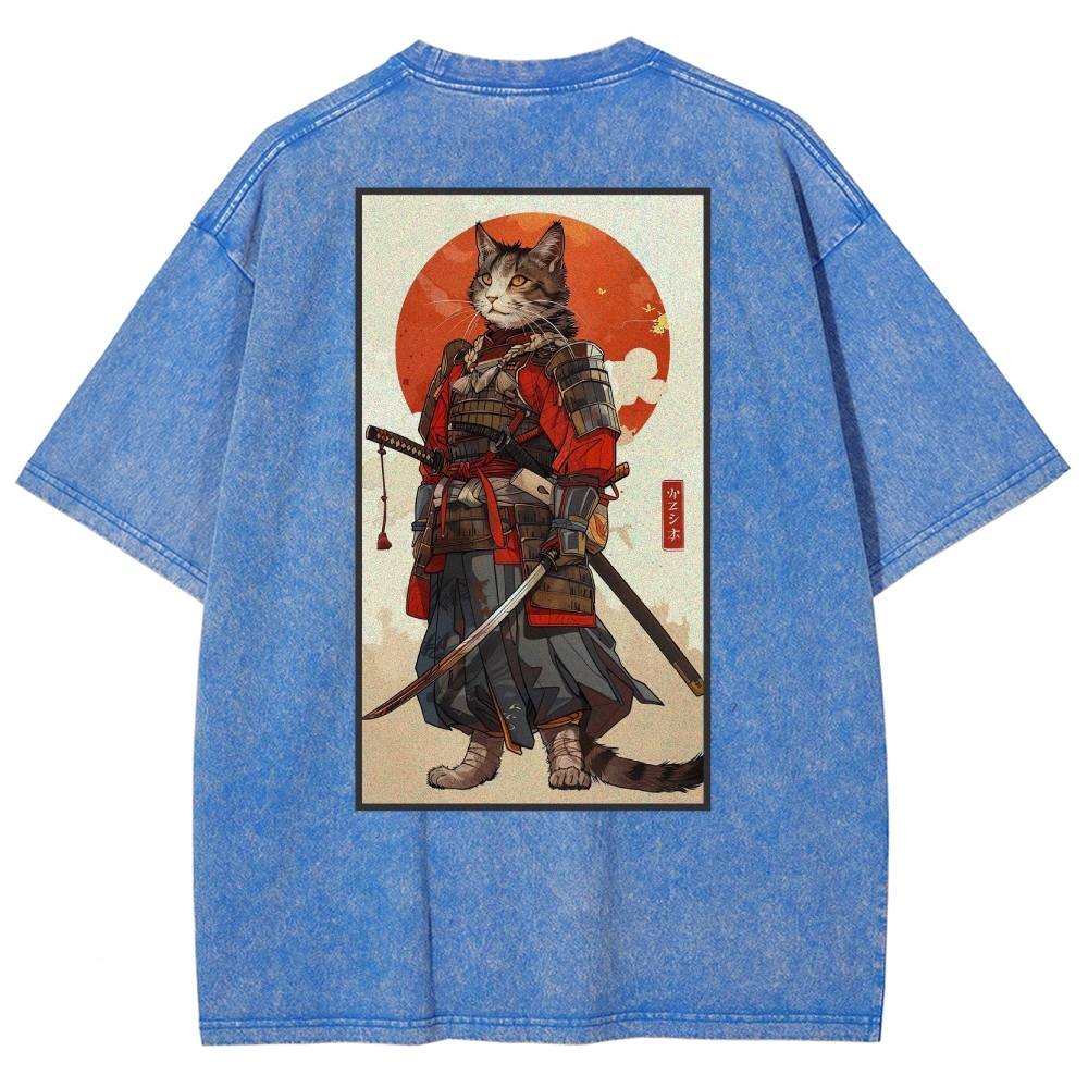 Casual Warrior Cat Washed Vintage Short Sleeves T-Shirt-moweekender