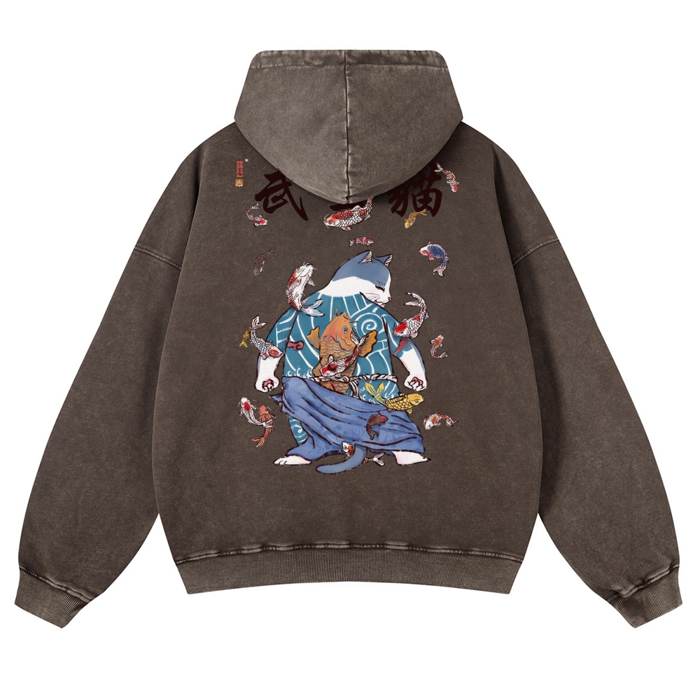 Fish Rain Tattooed Cat Vintage Washed Hoodie-moweekender
