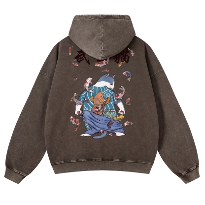 Fish Rain Tattooed Cat Vintage Washed Hoodie-moweekender
