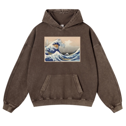 Cookie Wave Ukiyoe Printing Vintage Washed Hoodie-moweekender