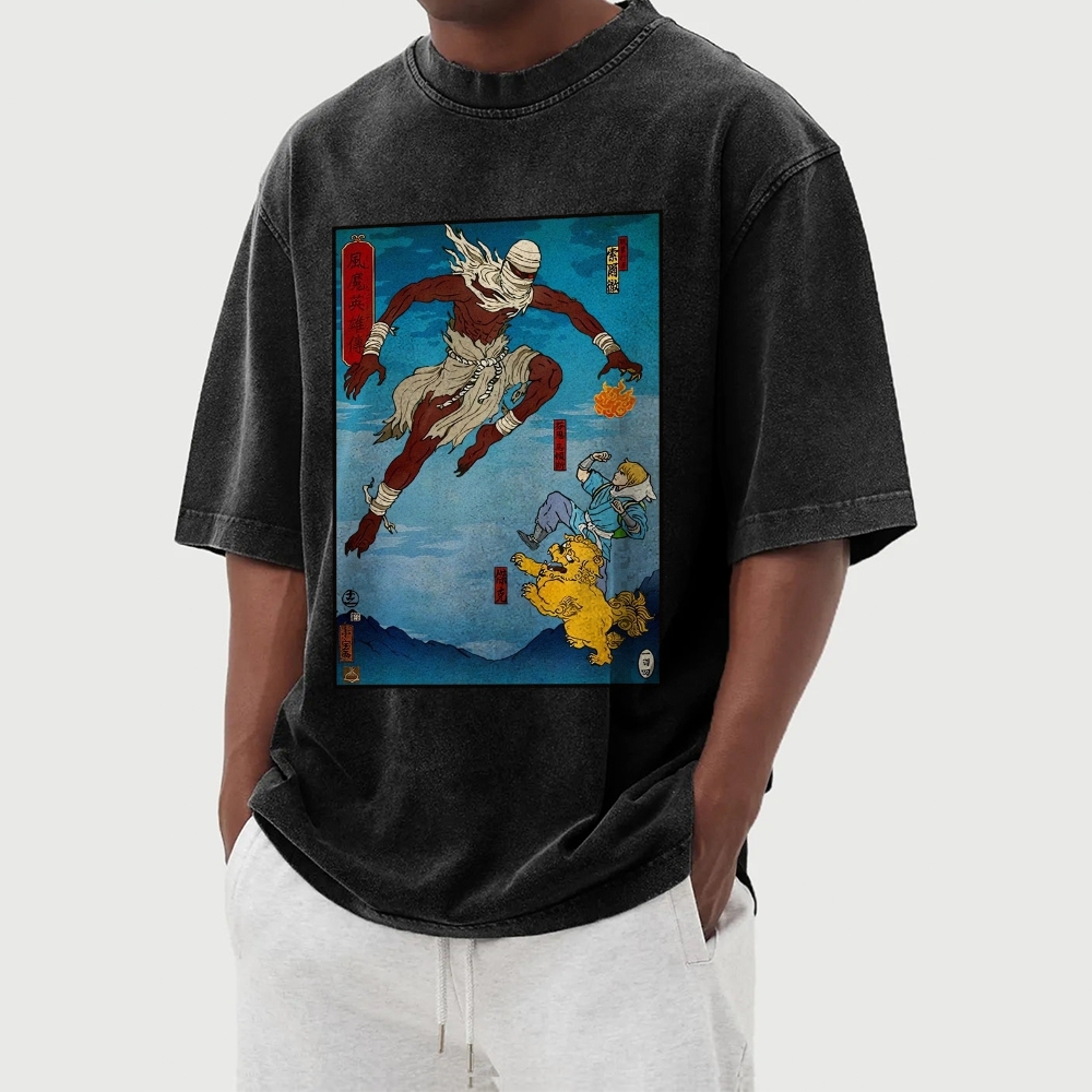 Hero Story Pattern Washed Vintage Short Sleeves T-Shirt-moweekender