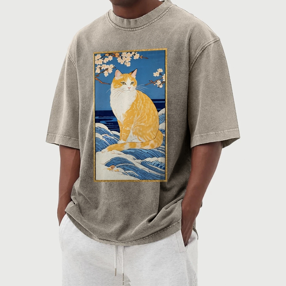 Cat Wave Casual Pattern Washed Vintage Short Sleeves T-Shirt-moweekender