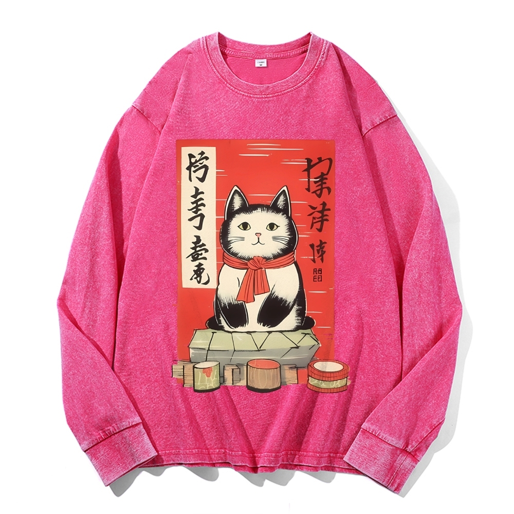 Japan Cat Painting Deep Washed Vintage Long Sleeves T-Shirt-moweekender