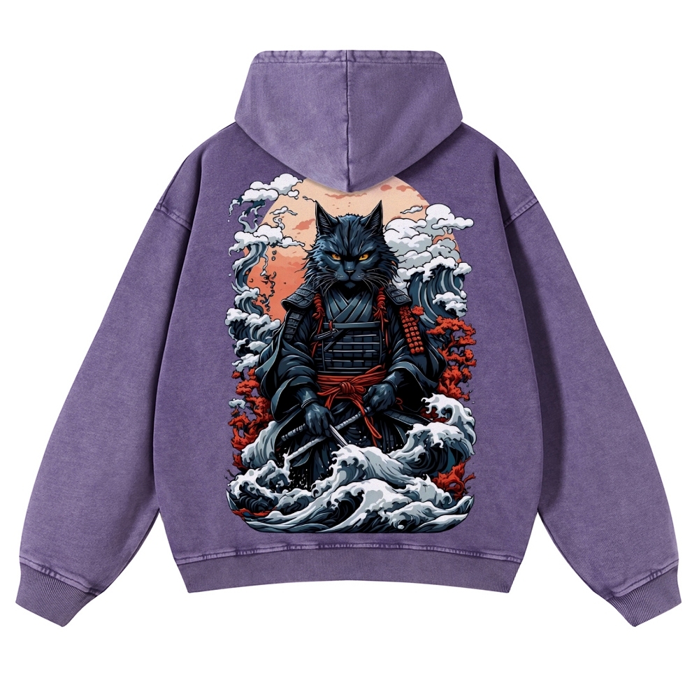 Cat Warrior Wave Ukiyoe Vintage Washed Hoodie-moweekender