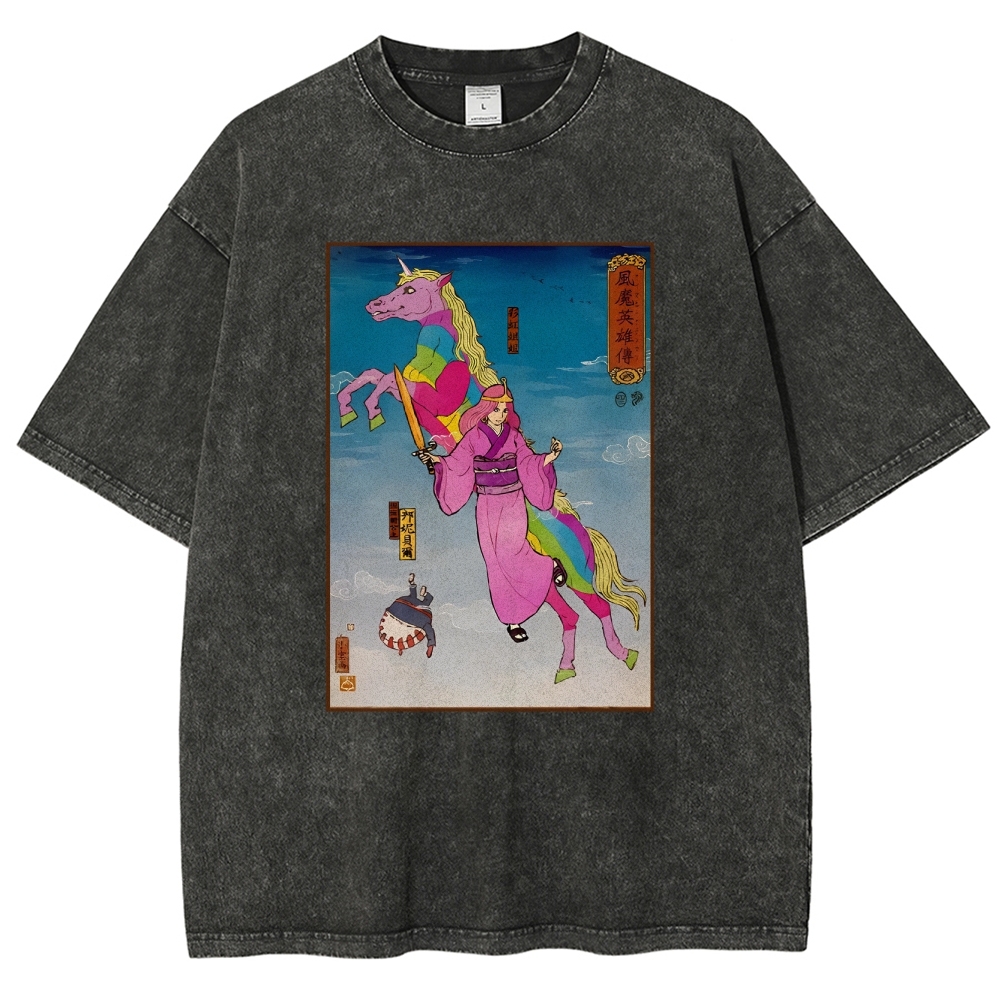 Hero Story Pink Unicorn Washed Vintage Short Sleeves T-Shirt-moweekender