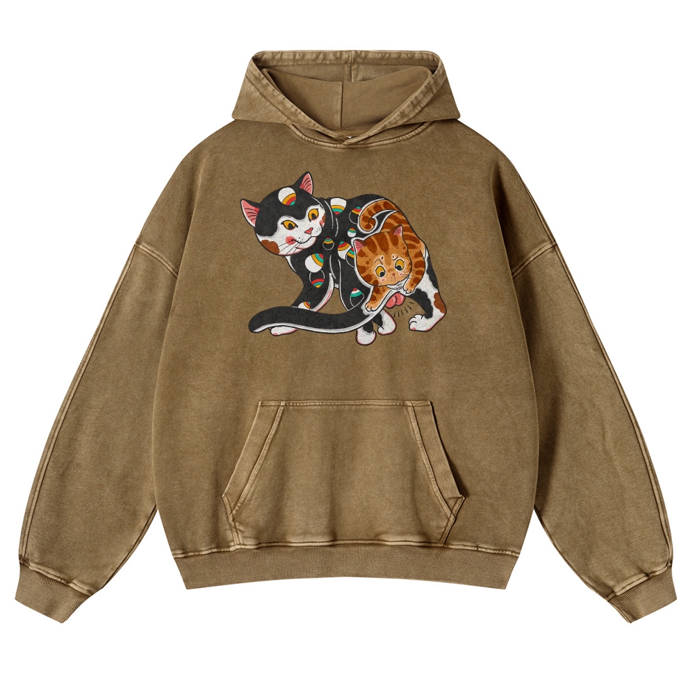 Curious Cat Pattern Printed Vintage Washed Hoodie-moweekender