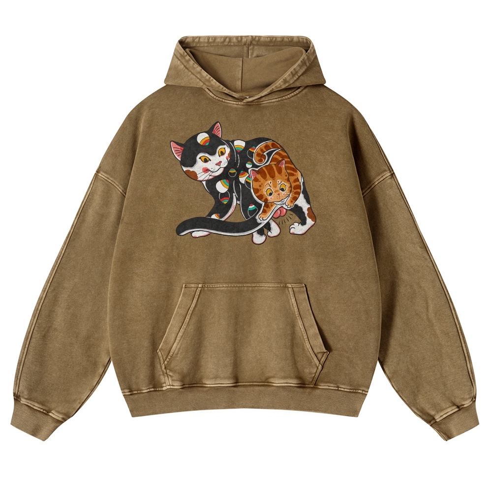 Curious Cat Pattern Printed Vintage Washed Hoodie-moweekender