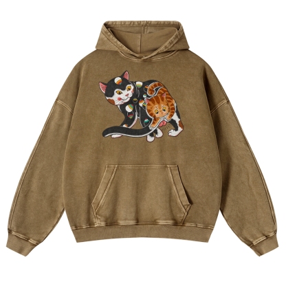 Curious Cat Pattern Printed Vintage Washed Hoodie-moweekender