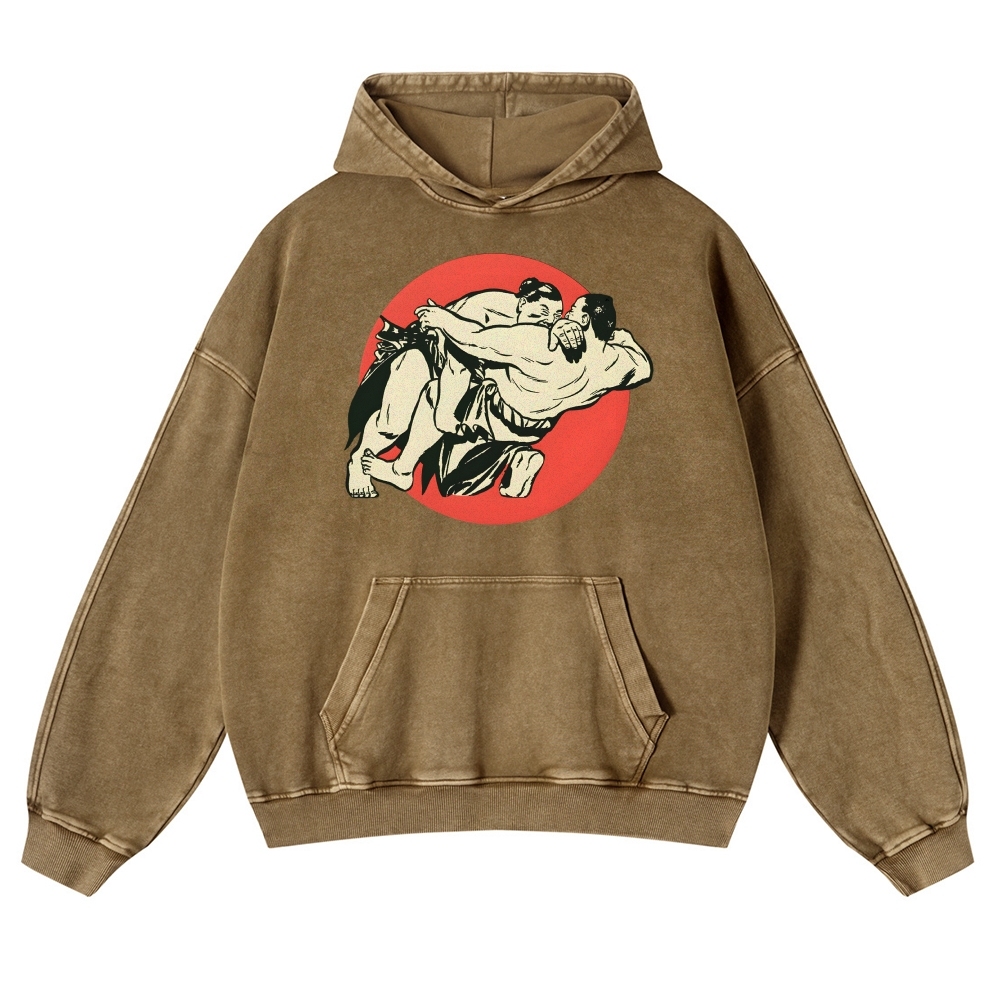 Japanese Sumo Wrestlers Pattern Vintage Washed Hoodie-moweekender
