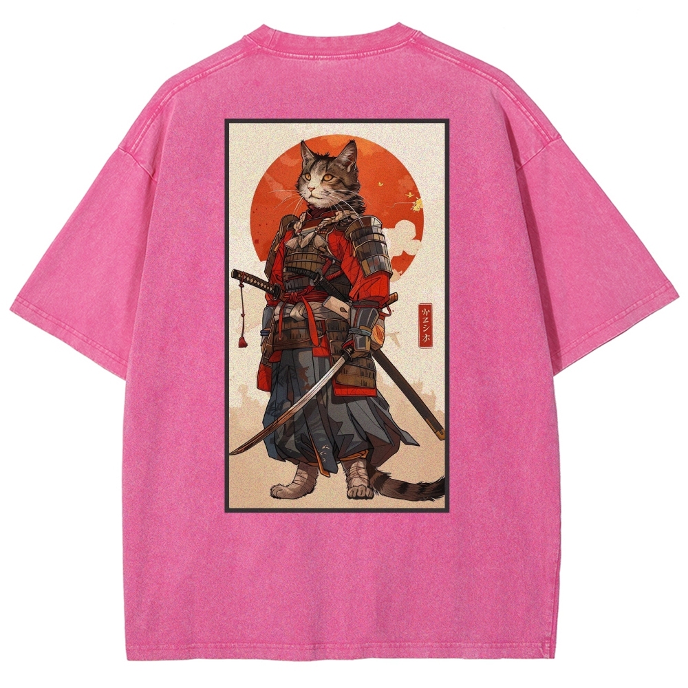 Casual Warrior Cat Washed Vintage Short Sleeves T-Shirt-moweekender