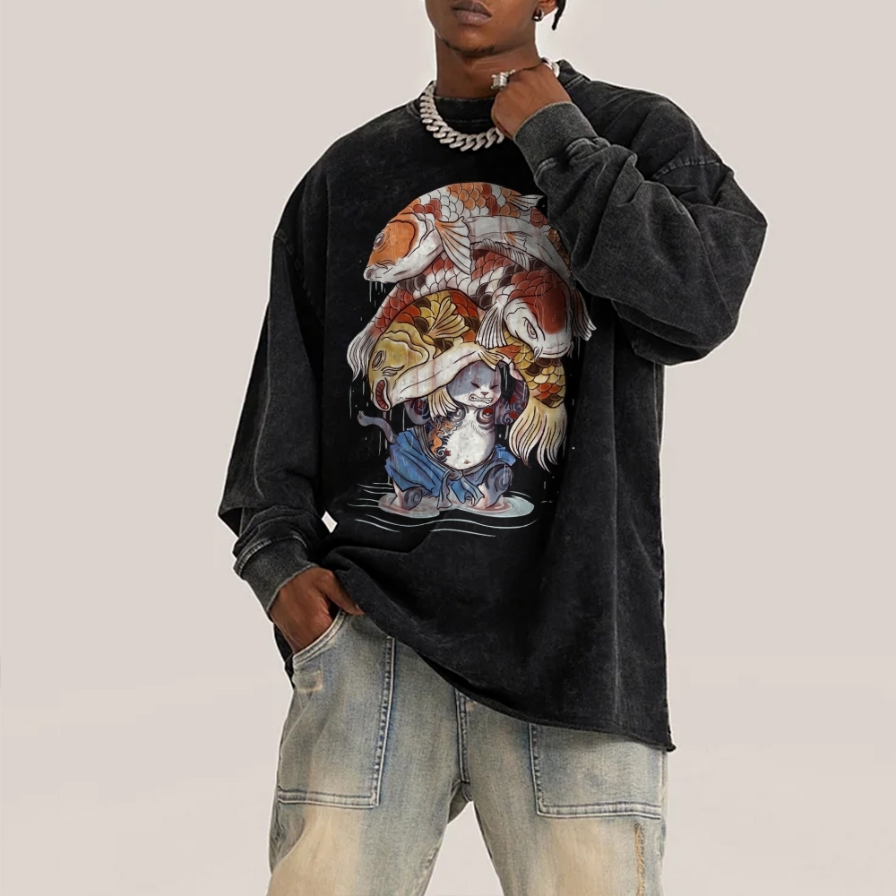 Fish Pressure Cat Deep Washed Vintage Long Sleeves T-Shirt-moweekender