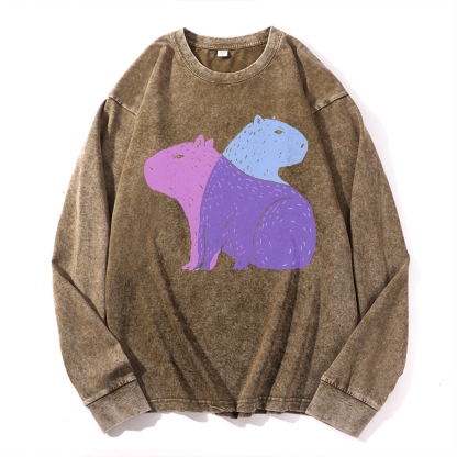 Capybara Pattern Deep Washed Vintage Long Sleeves T-Shirt-moweekender