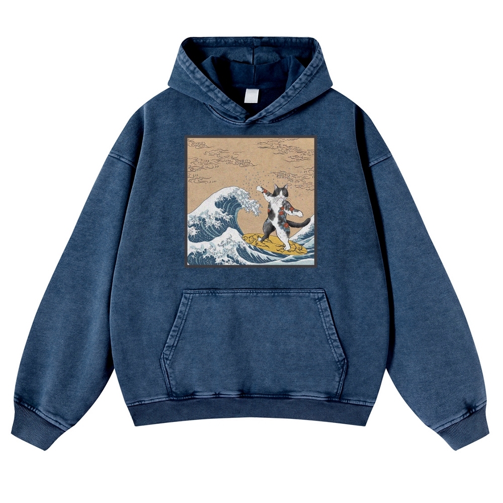 Surf-Bored Cat Ukiyoe Pattern Vintage Washed Hoodie-moweekender