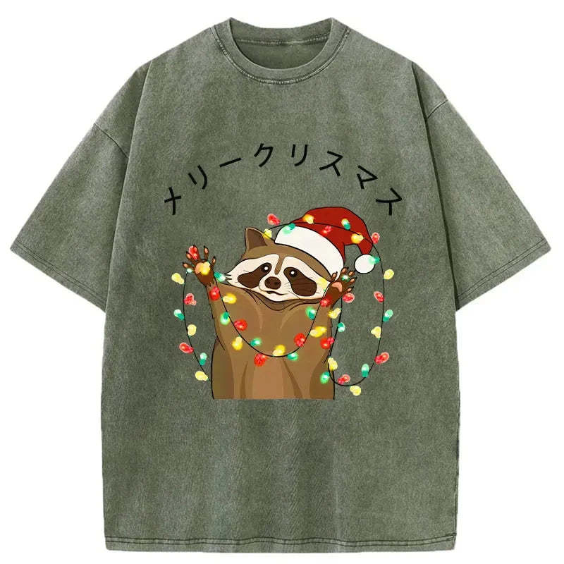 Raccoon Christmas Washed Vintage T-Shirt-moweekender