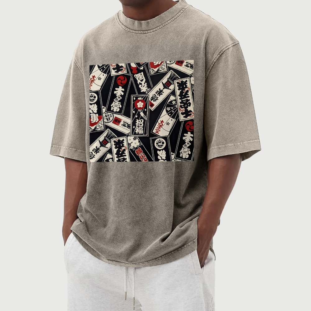 Japan Card Pattern Washed Vintage Short Sleeves T-Shirt-moweekender