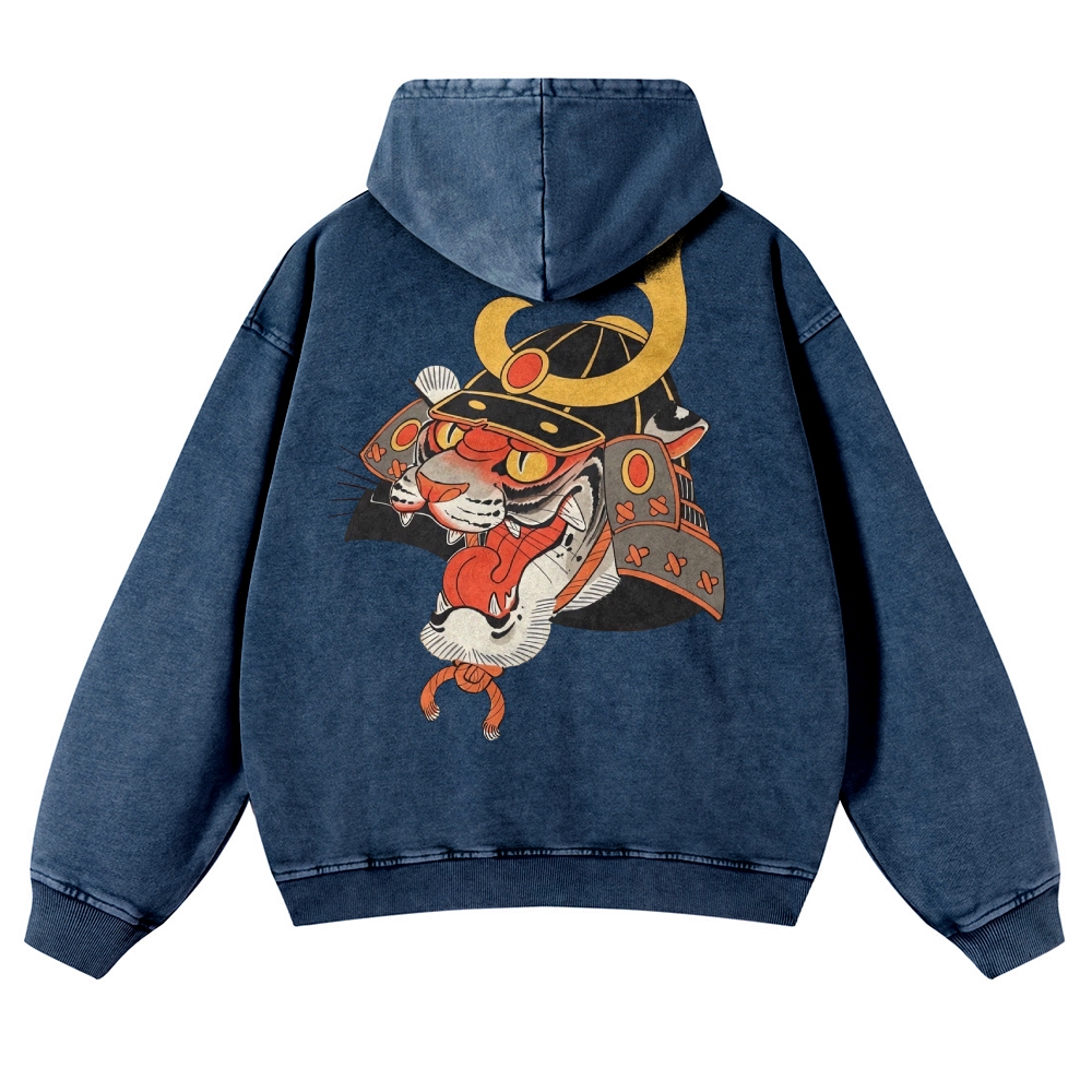 Tiger Warrior Pattern Printed Vintage Washed Hoodie-moweekender