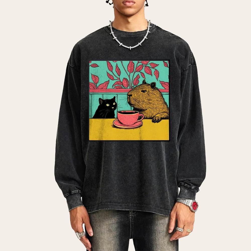 Black Cat And Capybara Pattern Deep Washed Vintage Long Sleeves T-Shirt